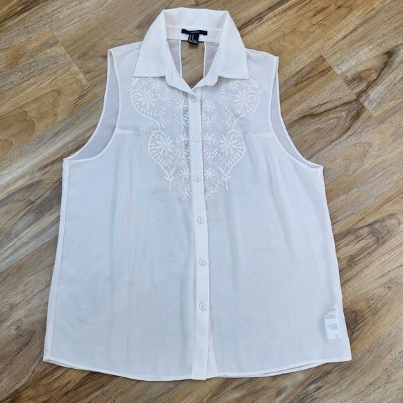 💛Forever 21 Cream Embroidered Open Back Buttoned Sleeveless Top Medium - Picture 1 of 10